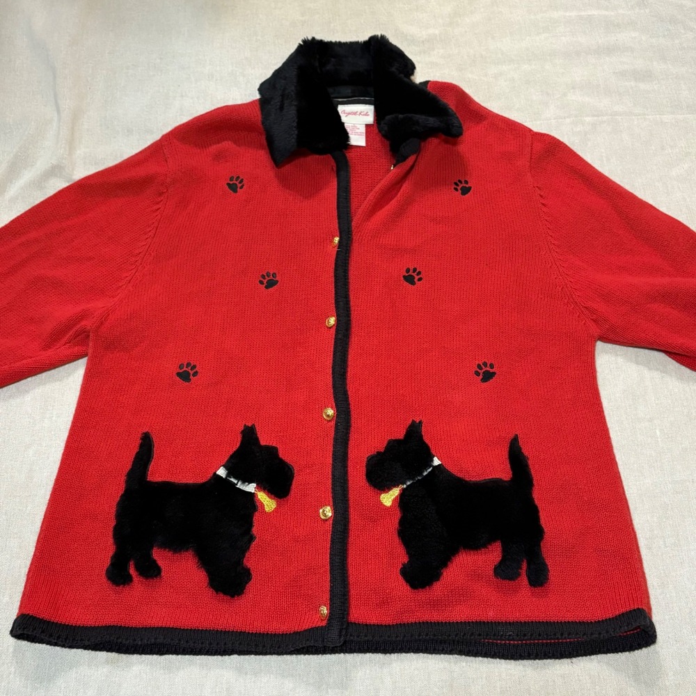 VTG Crystal Kobe‎ Red Scottish Terrier Dog Paw Print Cardigan Fur Collar size L - Picture 5 of 7